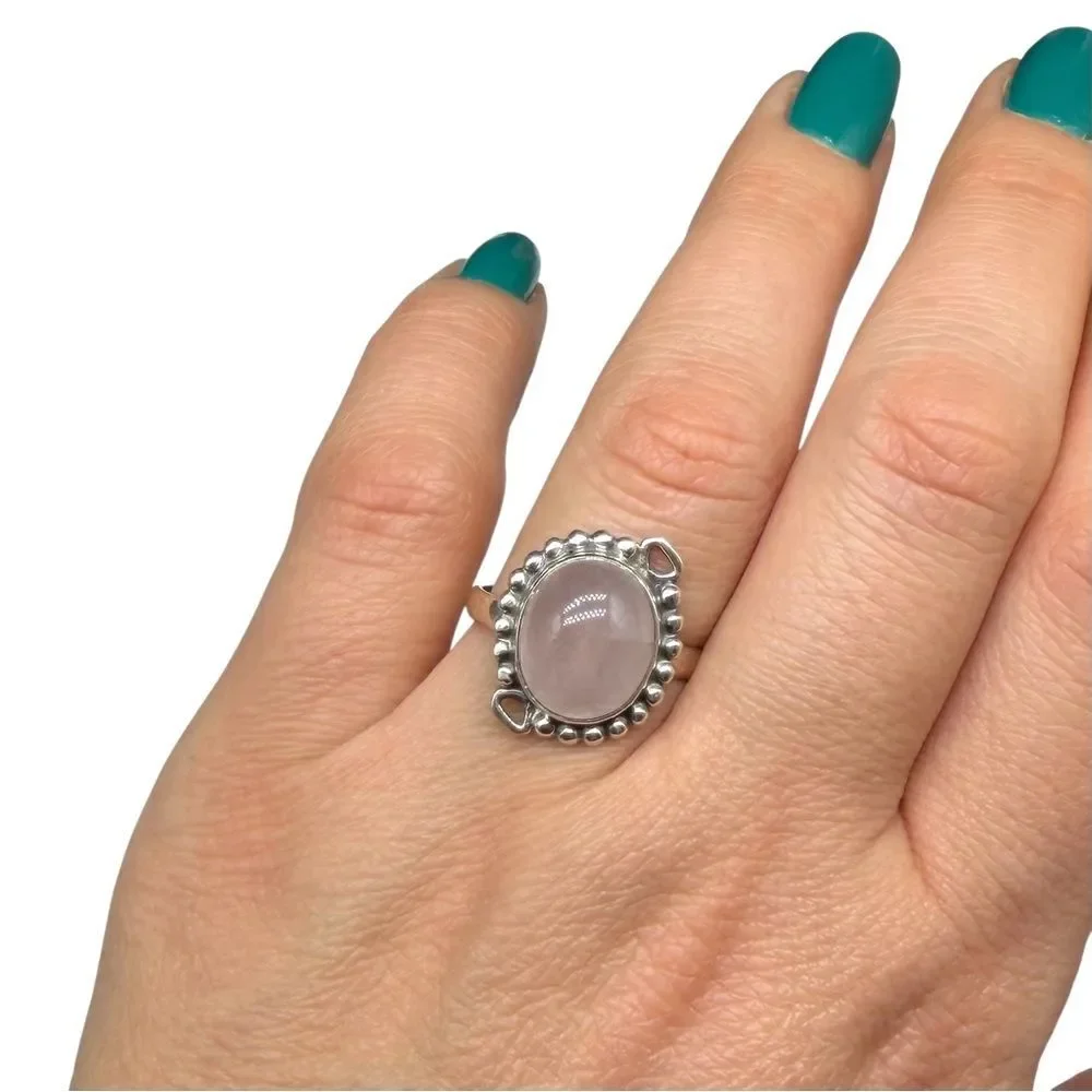 Rose Quartz Ring Size 8 Solid 925 Sterling Silver Pink Oval Stone Crystal